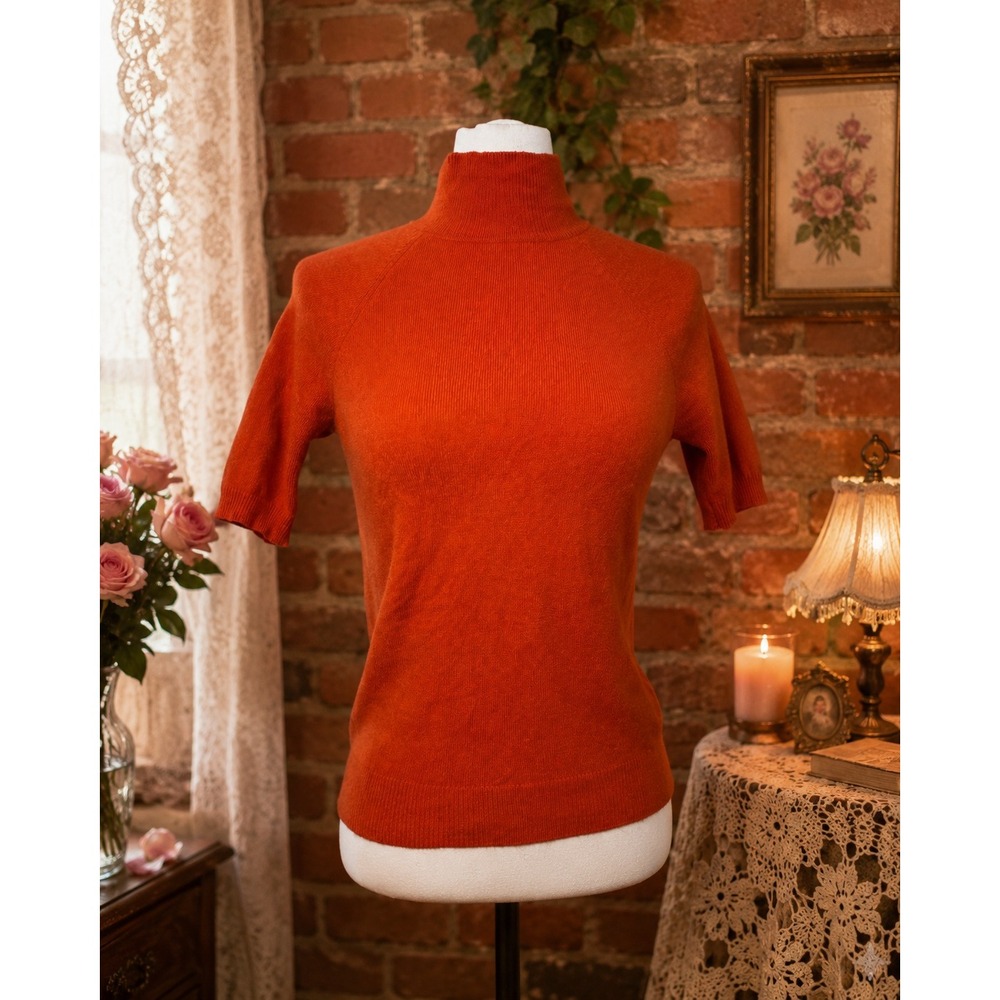 Lord &‎ Taylor Two Ply Cashmere Mock Neck Short Sleeve Sweater Orange S *READ